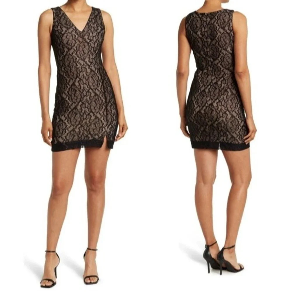 Dress the Population Illusion Lace Overlay Mini Dress Black Medium NWT
